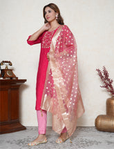 Bright Pink Embroidered Suit Set with Statement Yoke & Banarasi Dupatta